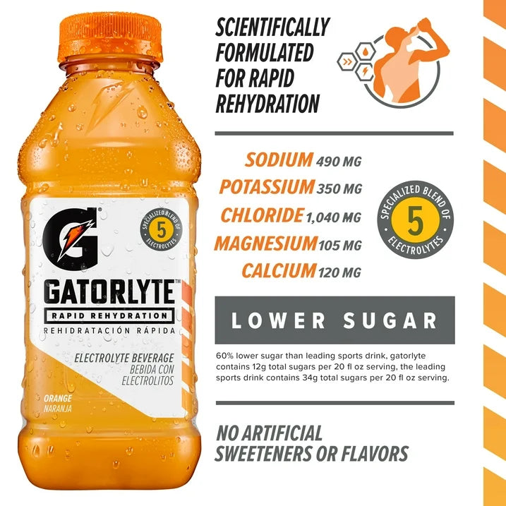 (12 pack) Gatorade Gatorlyte Rapid Rehydration Electrolyte Beverage Orange, 20 fl oz Bottle